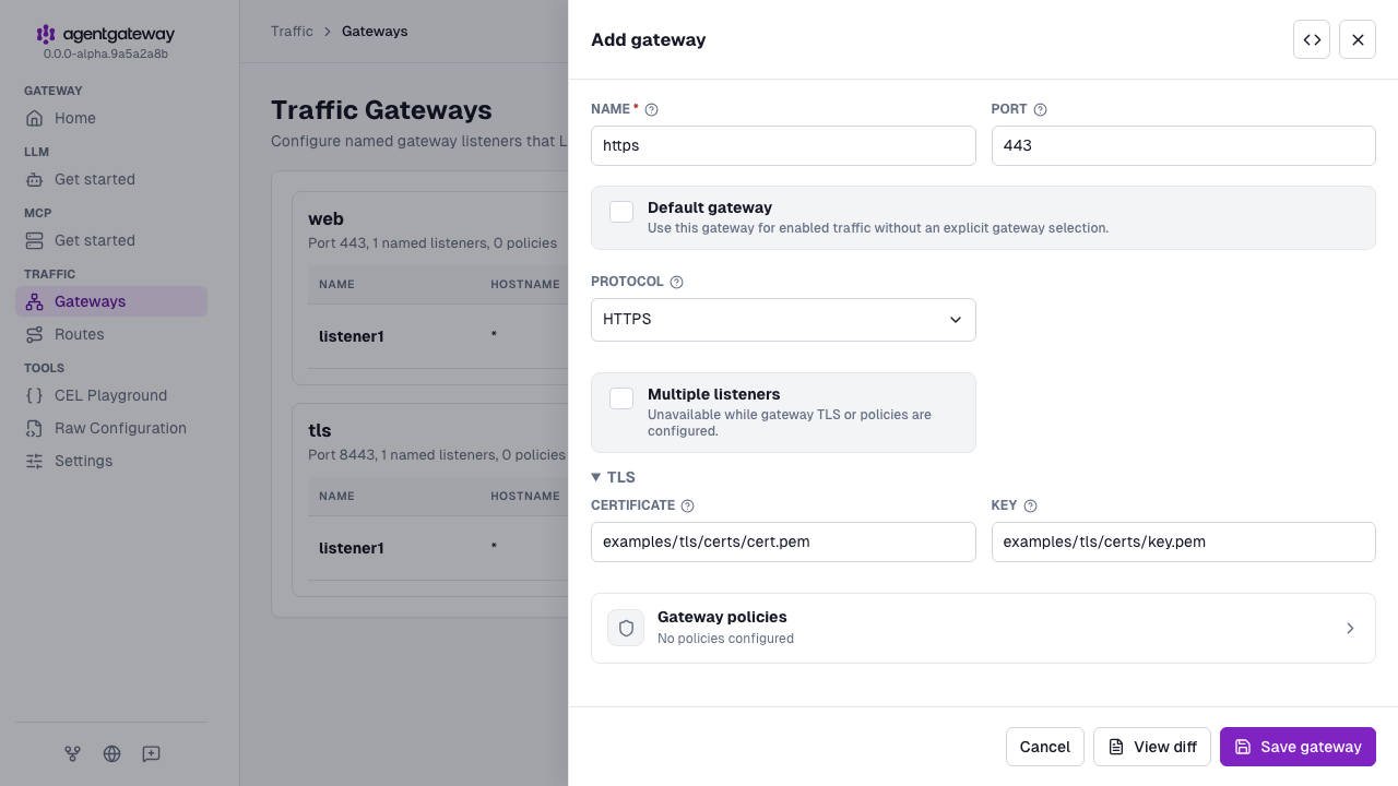 Add gateway drawer for the https gateway on port 443 with the HTTPS protocol and the certificate and key from examples/tls/certs