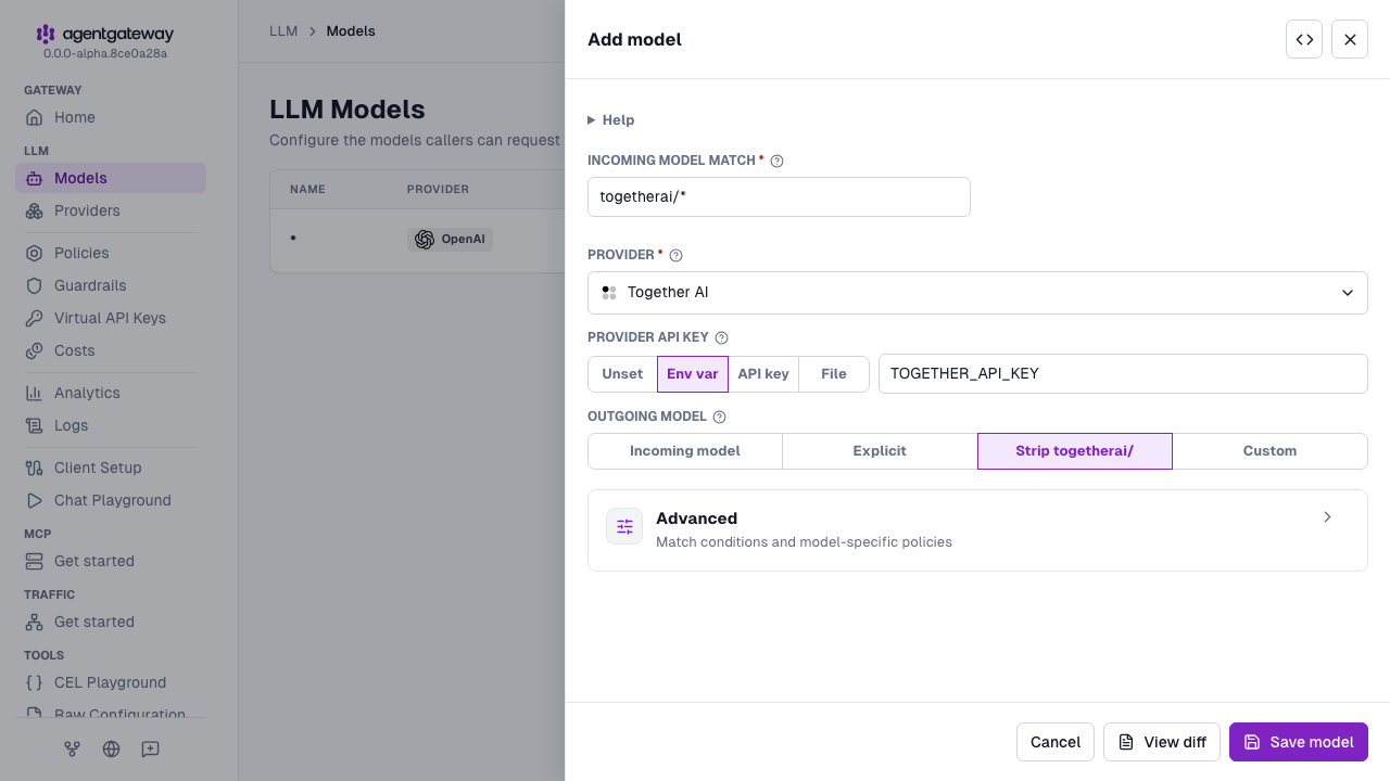 Add model drawer with Together AI selected as the provider, togetherai/* as the incoming model match, and TOGETHER_API_KEY as the environment variable for the provider API key