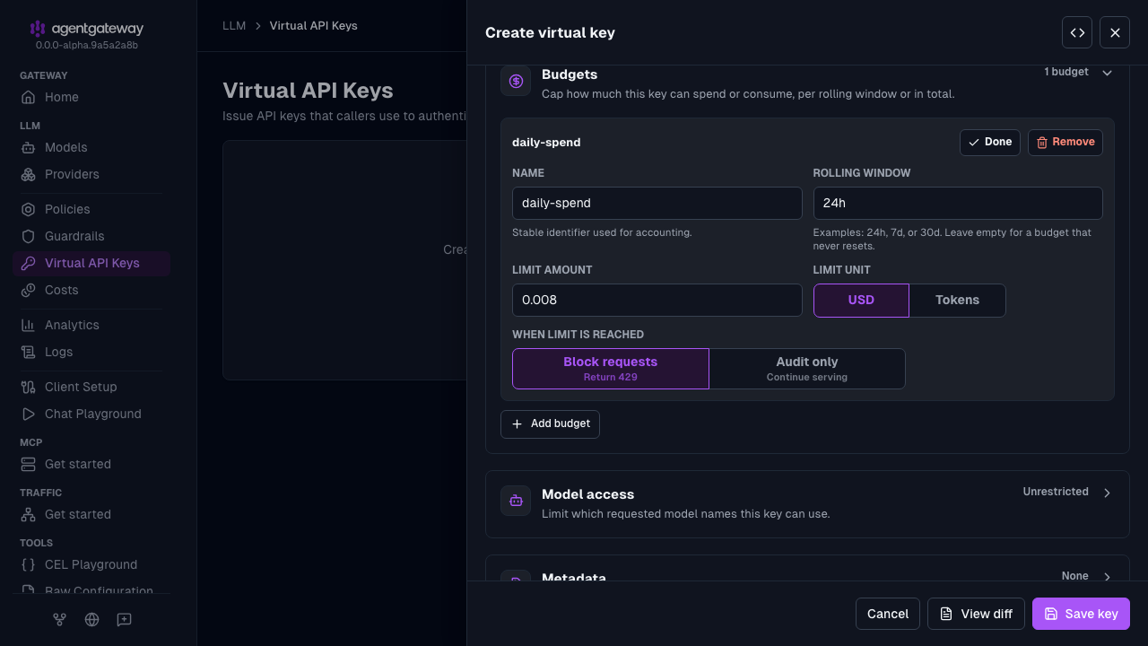 Create virtual key drawer for team-a scrolled to a daily spend budget of 0.008 USD every 24h that blocks requests