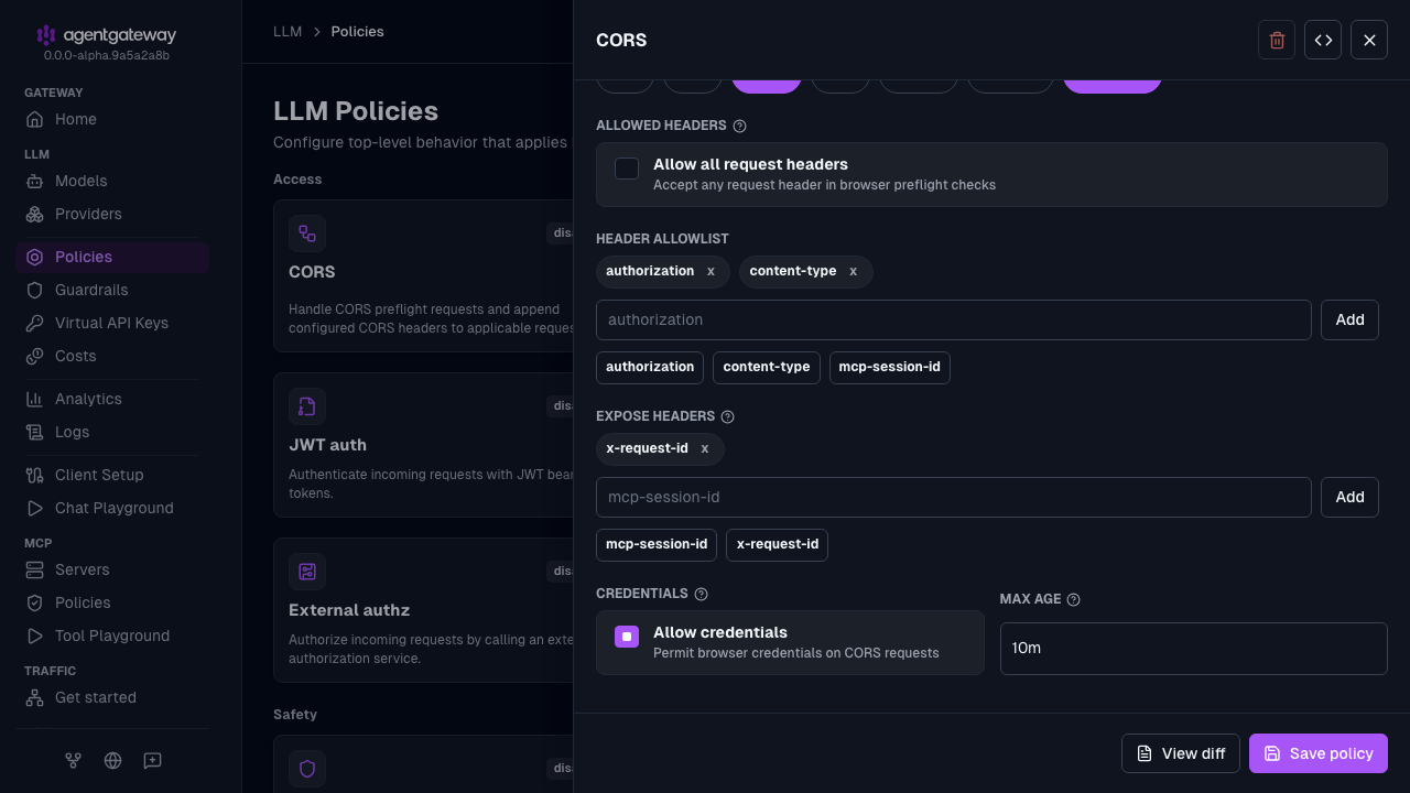CORS policy drawer scrolled to the x-request-id expose header, Allow credentials, and a 10m max age